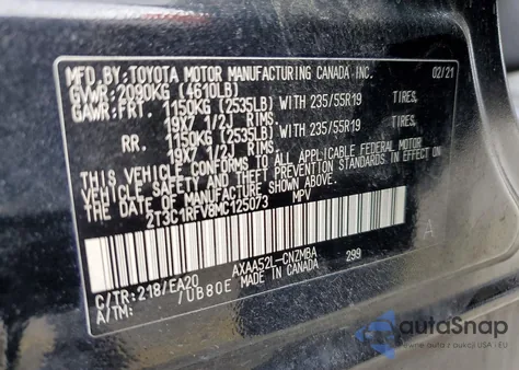 2021 Toyota Rav4 Xle Premium z USA, uszkodzony, nr VIN 2T3C1RFV8MC125073